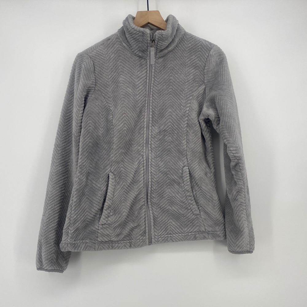 Free2B Fleece Jacket S Gray Chevron Full Zip Faux Fur Excellent